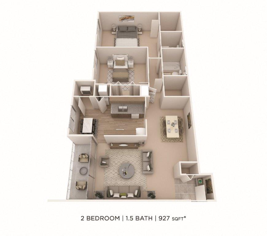 Floor plan for 2 beds, 1.5 baths, 967 sqft